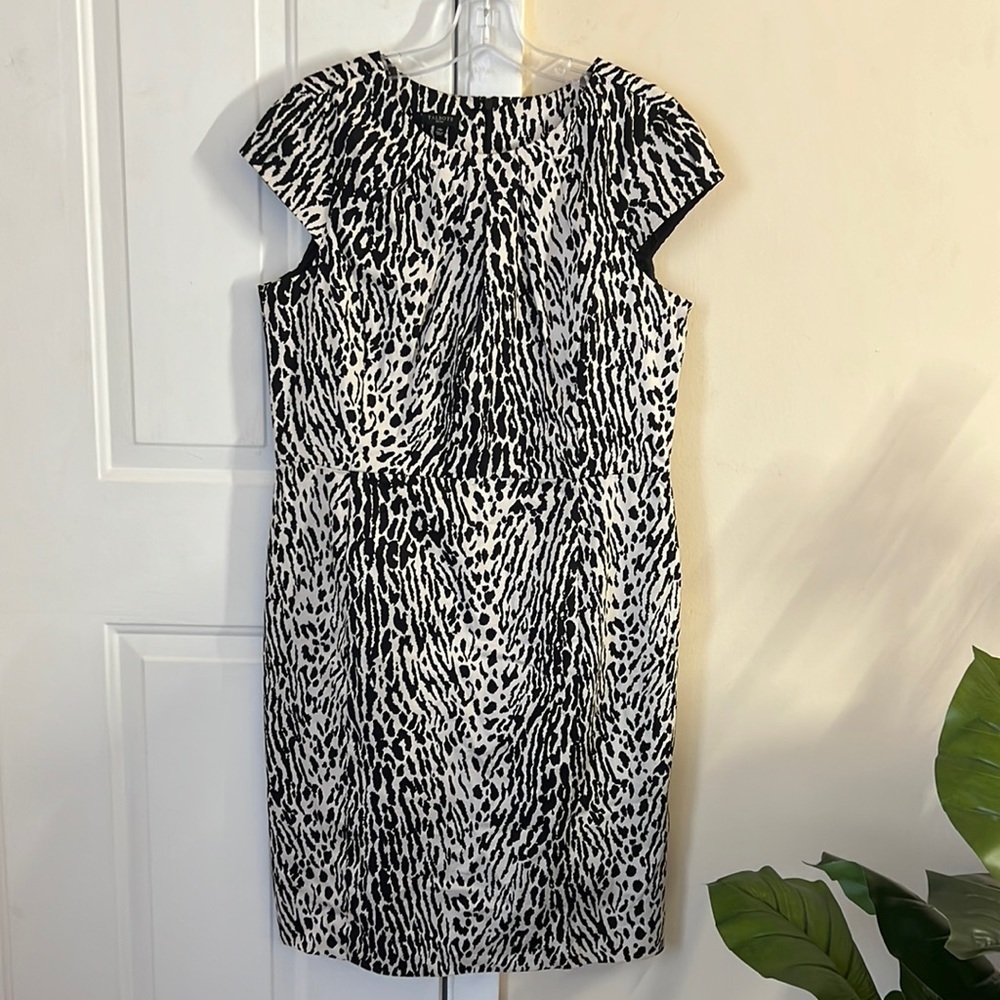 Talbots Leopard Animal Print‎ Cap Sleeves Dress Career Black 14P